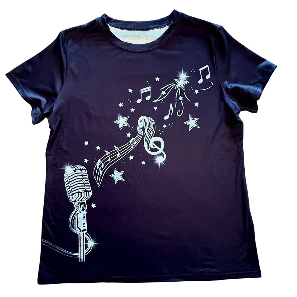 Music Microphone Shirt Womens XL Black Star Note Graphic Stretch Tee